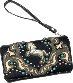 Justin West Horse Embroidery Studded Turquoise Stone Concealed Carry Handbag Purse Matching Wallet