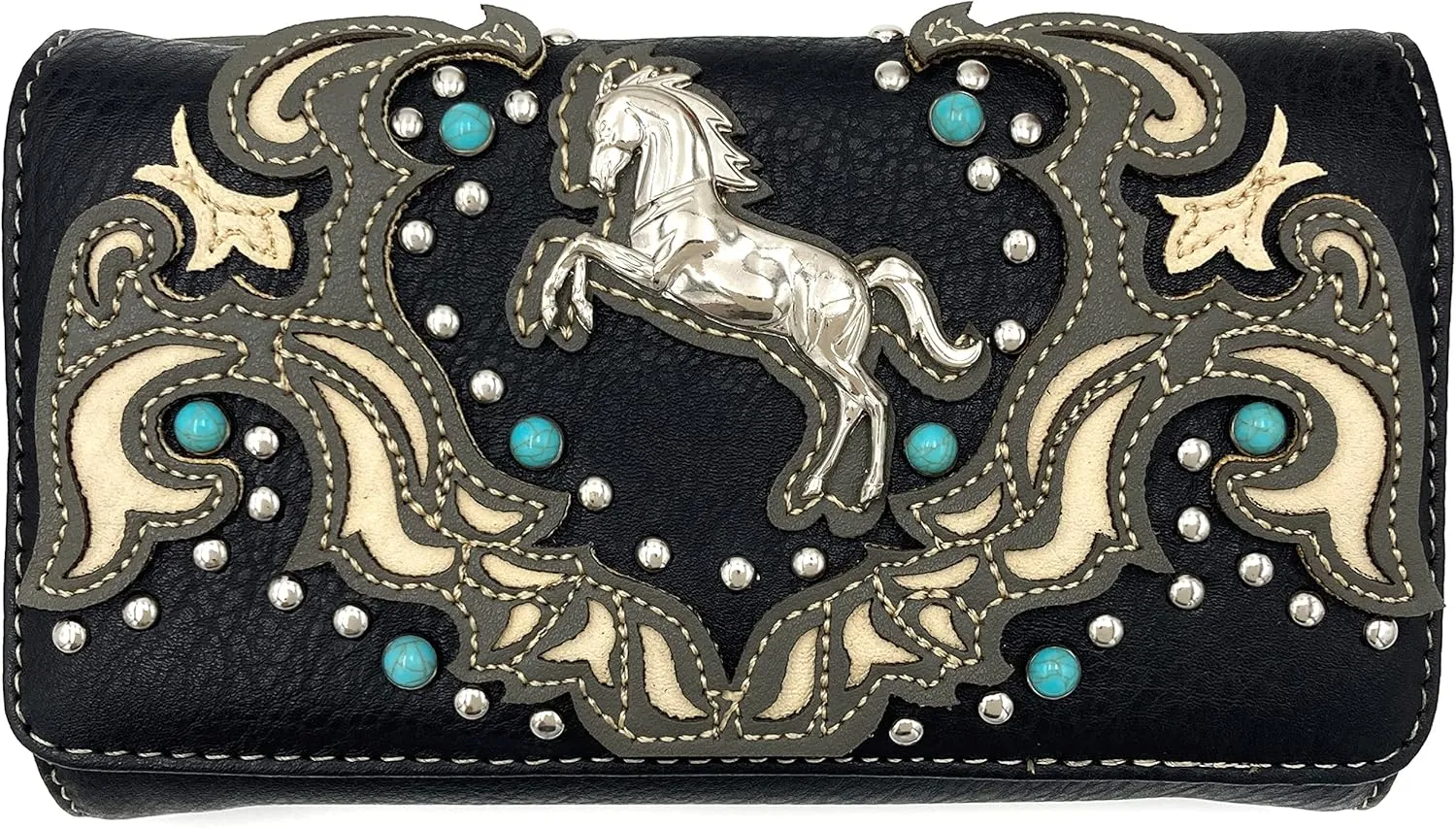Justin West Horse Embroidery Studded Turquoise Stone Concealed Carry Handbag Purse Matching Wallet
