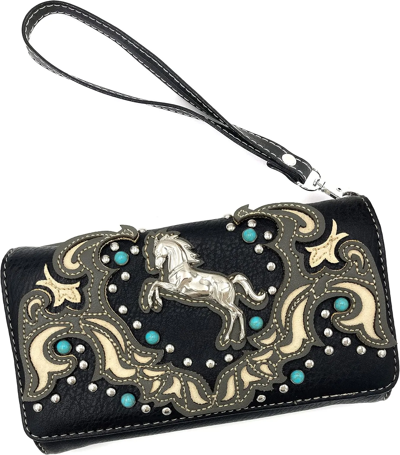 Justin West Horse Embroidery Studded Turquoise Stone Concealed Carry Handbag Purse Matching Wallet