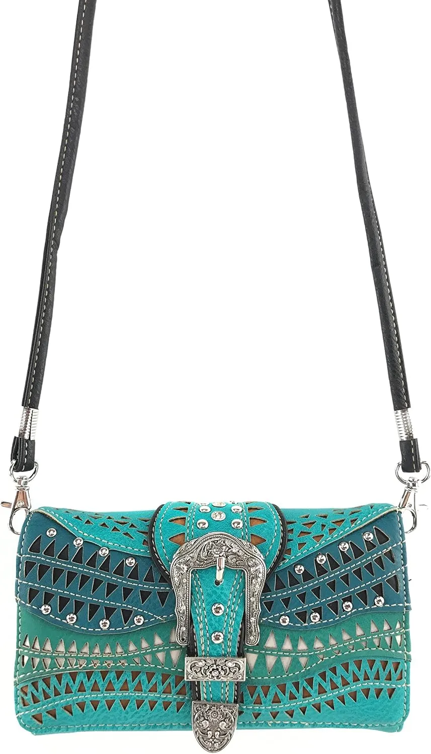 Justin West Studs Laser Cut Triangle Western Rhinestone Buckle Handbag Purse Conceal Carry