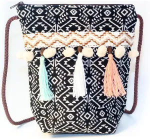 K&G, Women Fabric Boho Tribal Shoulder Bag, Chic Bohemian Ethnic Pom Pom Tassel Decorated Crossbody Bag, 2.8 x 7.5 x 8 Inches