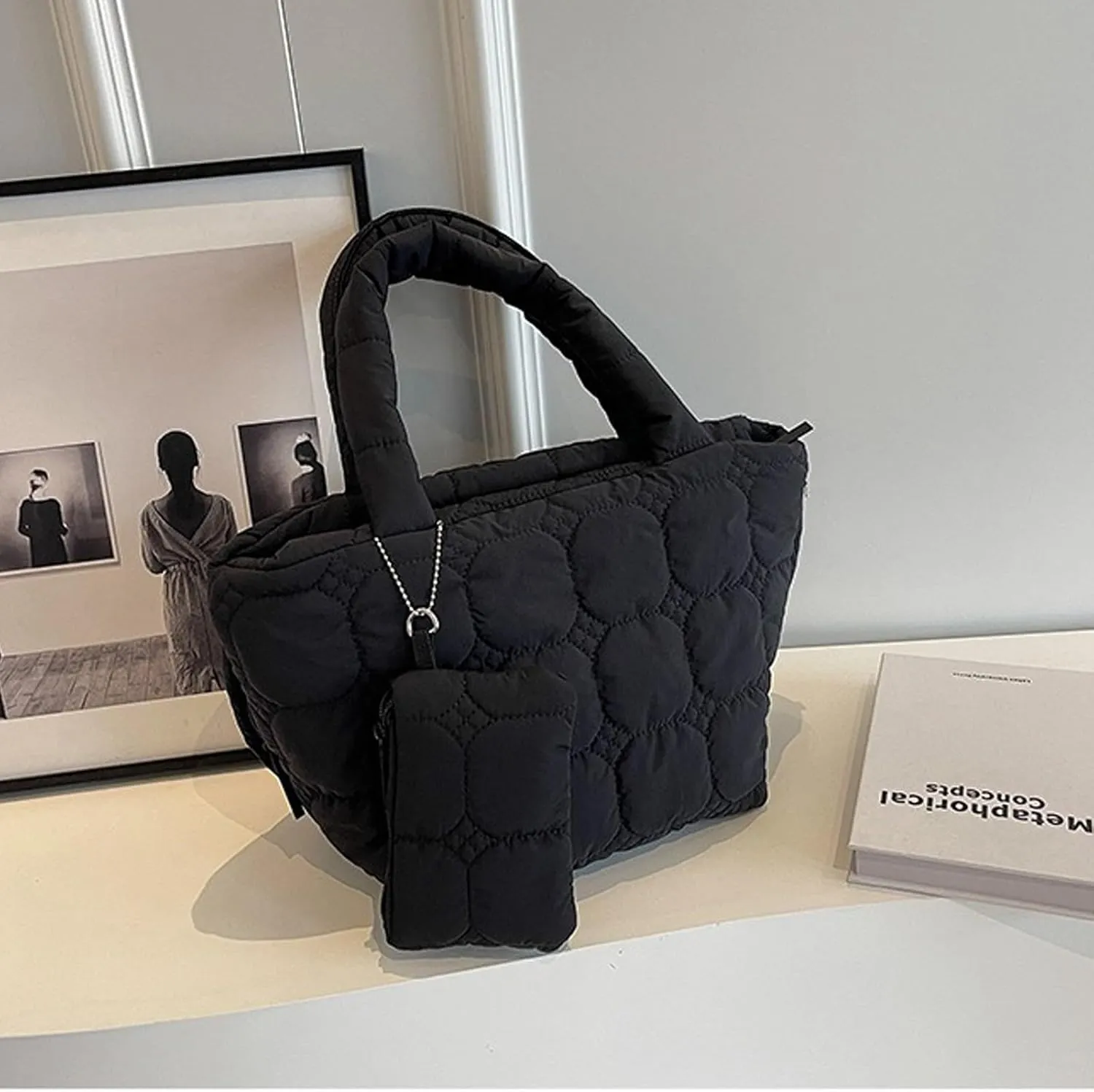 KARRESLY Quilted Tote Bag for Women Small Puffer Purse Quilted Nylon Padding Handbag with Wallet