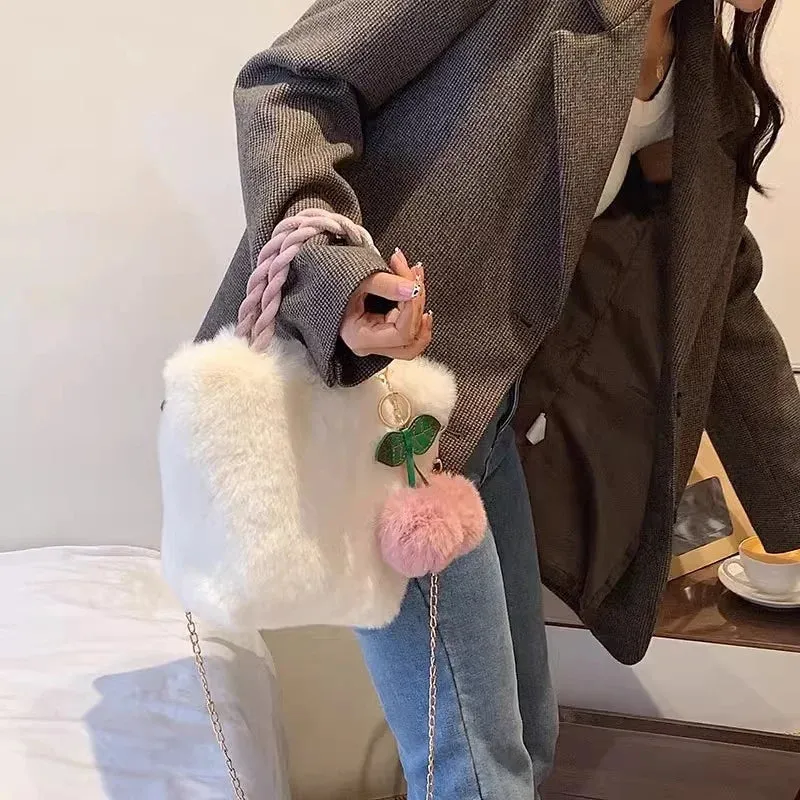 Kawaii Plush Faux Fur Crossbody Bag 🐾✨ with Pompom Cherry & Fluffy String 💖 - Cute Small Purse for Girls!