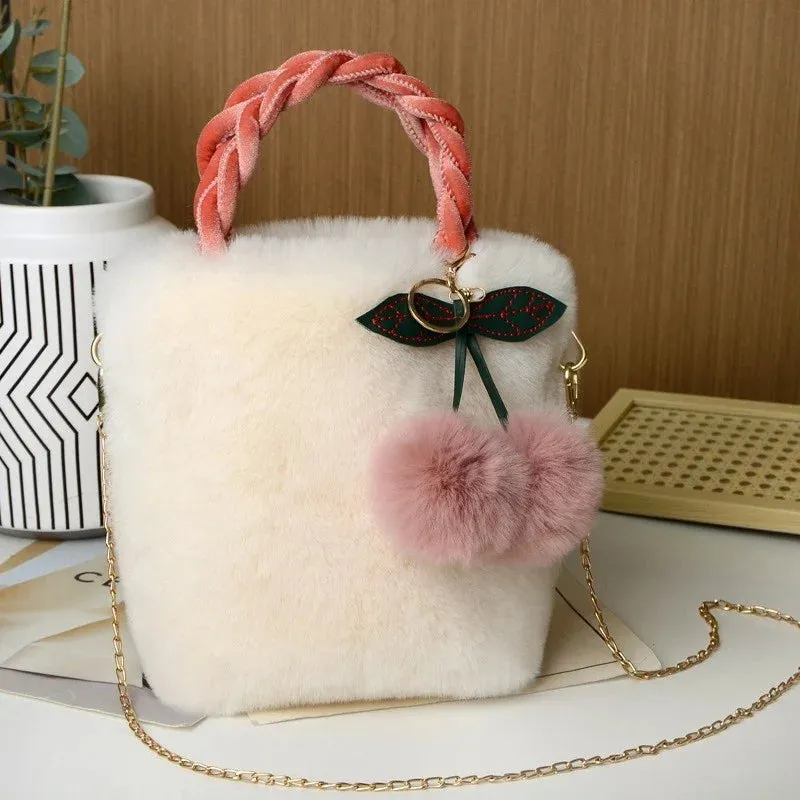 Kawaii Plush Faux Fur Crossbody Bag 🐾✨ with Pompom Cherry & Fluffy String 💖 - Cute Small Purse for Girls!