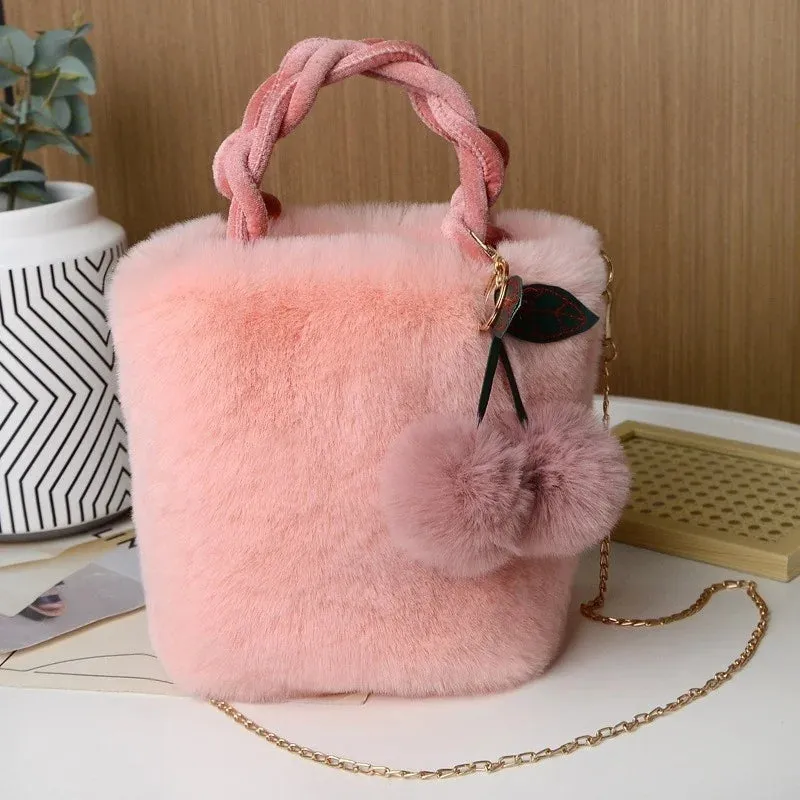 Kawaii Plush Faux Fur Crossbody Bag 🐾✨ with Pompom Cherry & Fluffy String 💖 - Cute Small Purse for Girls!