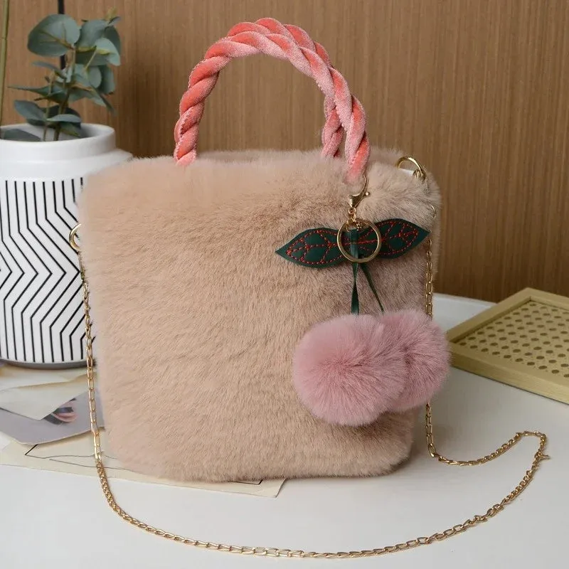 Kawaii Plush Faux Fur Crossbody Bag 🐾✨ with Pompom Cherry & Fluffy String 💖 - Cute Small Purse for Girls!
