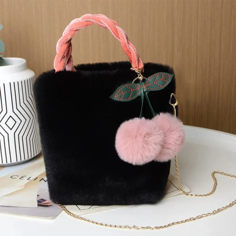 Kawaii Plush Faux Fur Crossbody Bag 🐾✨ with Pompom Cherry & Fluffy String 💖 - Cute Small Purse for Girls!
