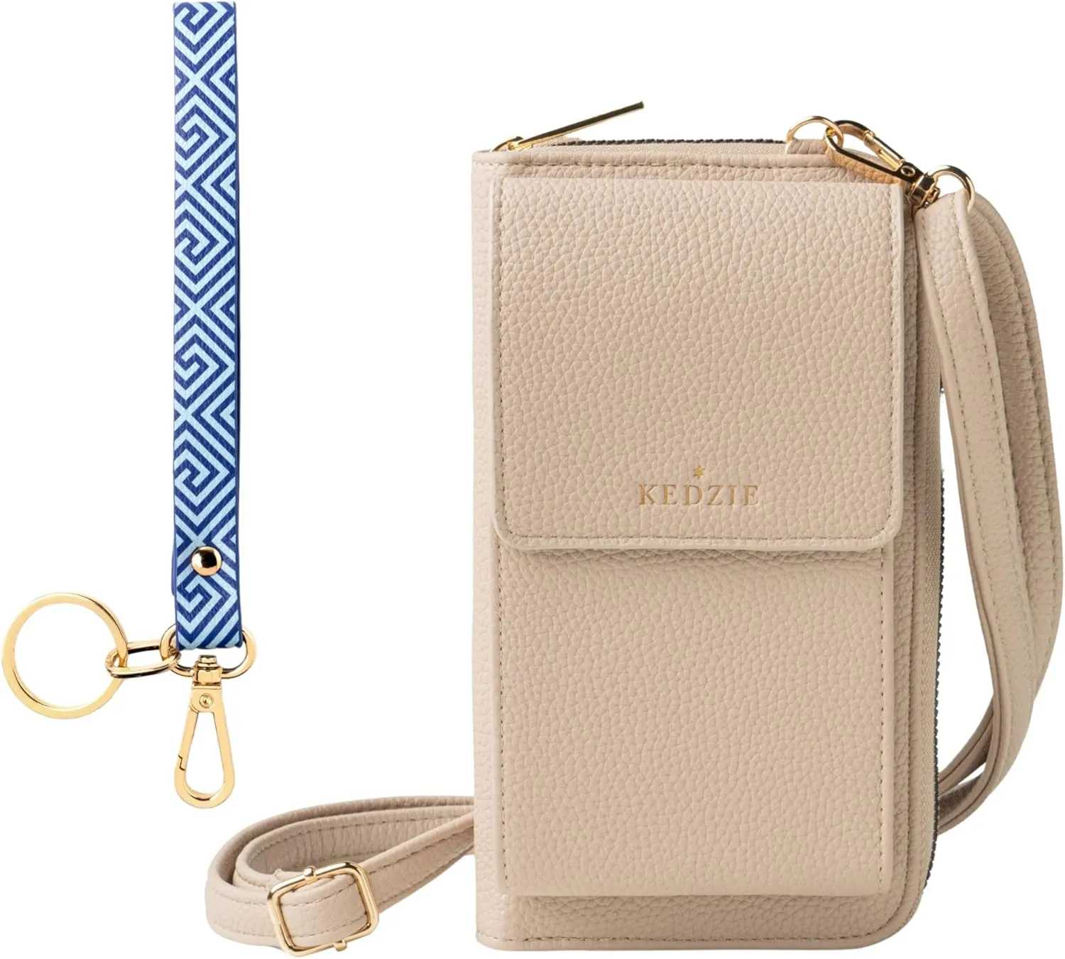 KEDZIE Eclipse Smartphone Crossbody Bag (Cream) & Eclipse Vegan Leather Wristlet Key Chain Holder (Greek to Me)