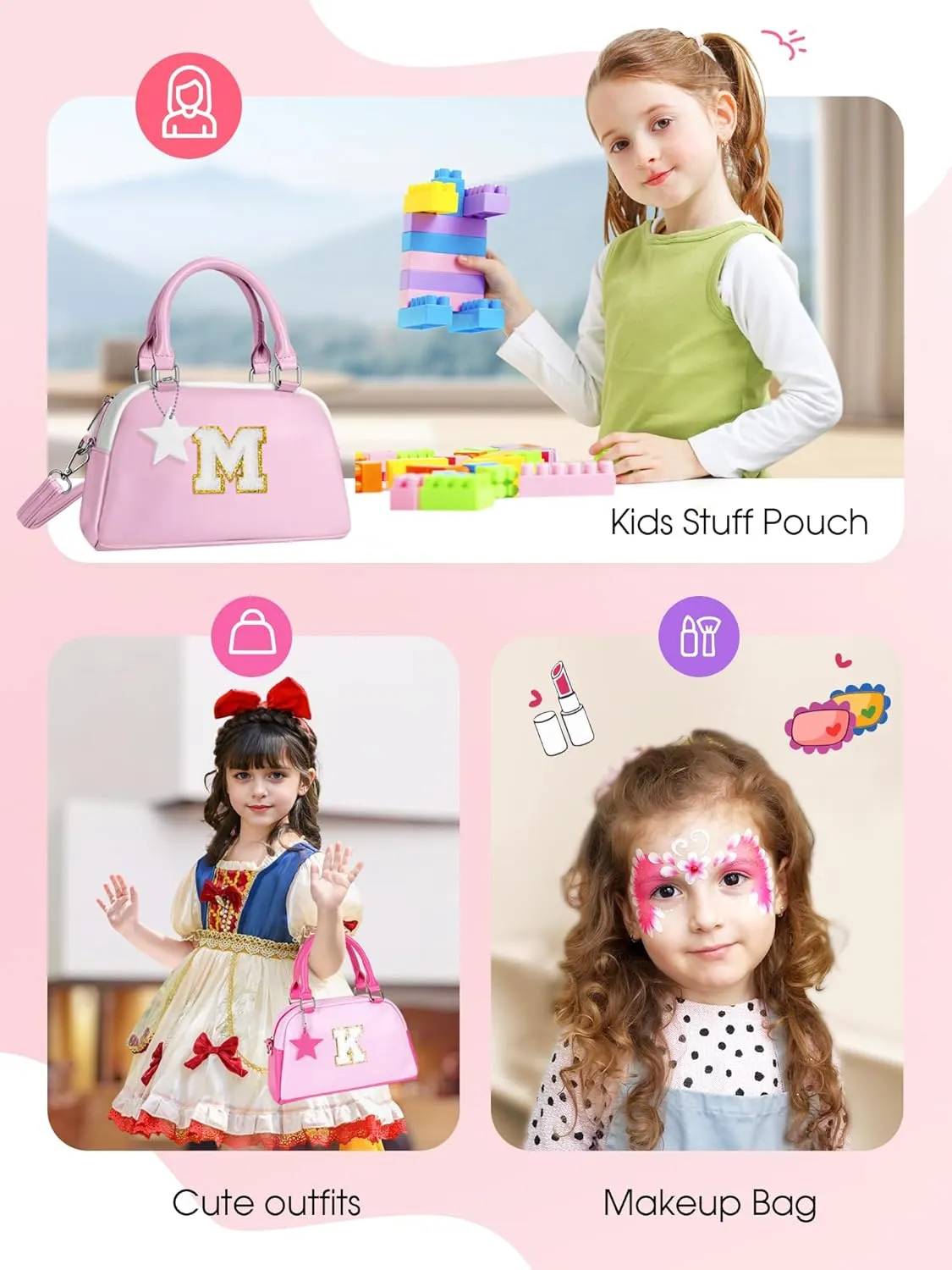 Kids Purse Handle Bag Crossbody bags, Makeup bag Girls Gifts, Gifts for 4-8-10-12 Girl Toddler, monogram Pouch Bag for makeup kits, Handbag-peach pink-S