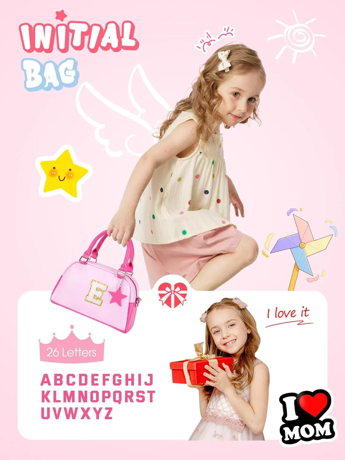 Kids Purse Handle Bag Crossbody bags, Makeup bag Girls Gifts, Gifts for 4-8-10-12 Girl Toddler, monogram Pouch Bag for makeup kits, Handbag-peach pink-S
