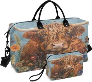 Kigai Beautiful Highland Cattle Cow Travel Duffel Bags 2PCS,Sports Duffel Bags for Men Women,Weekender Overnight Bag Gym Tote Bag with Toiletry Bag