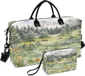 Kigai Ranch Cows Travel Duffel Bags 2PCS,Sports Duffel Bags for Men Women,Weekender Overnight Bag Gym Tote Bag with Toiletry Bag