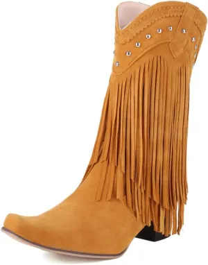 KiutSymo Mid Calf Fringe Boots For Women Cowboy Pointed Toe Chunky Heels Cowgirl Western Tassel Boots