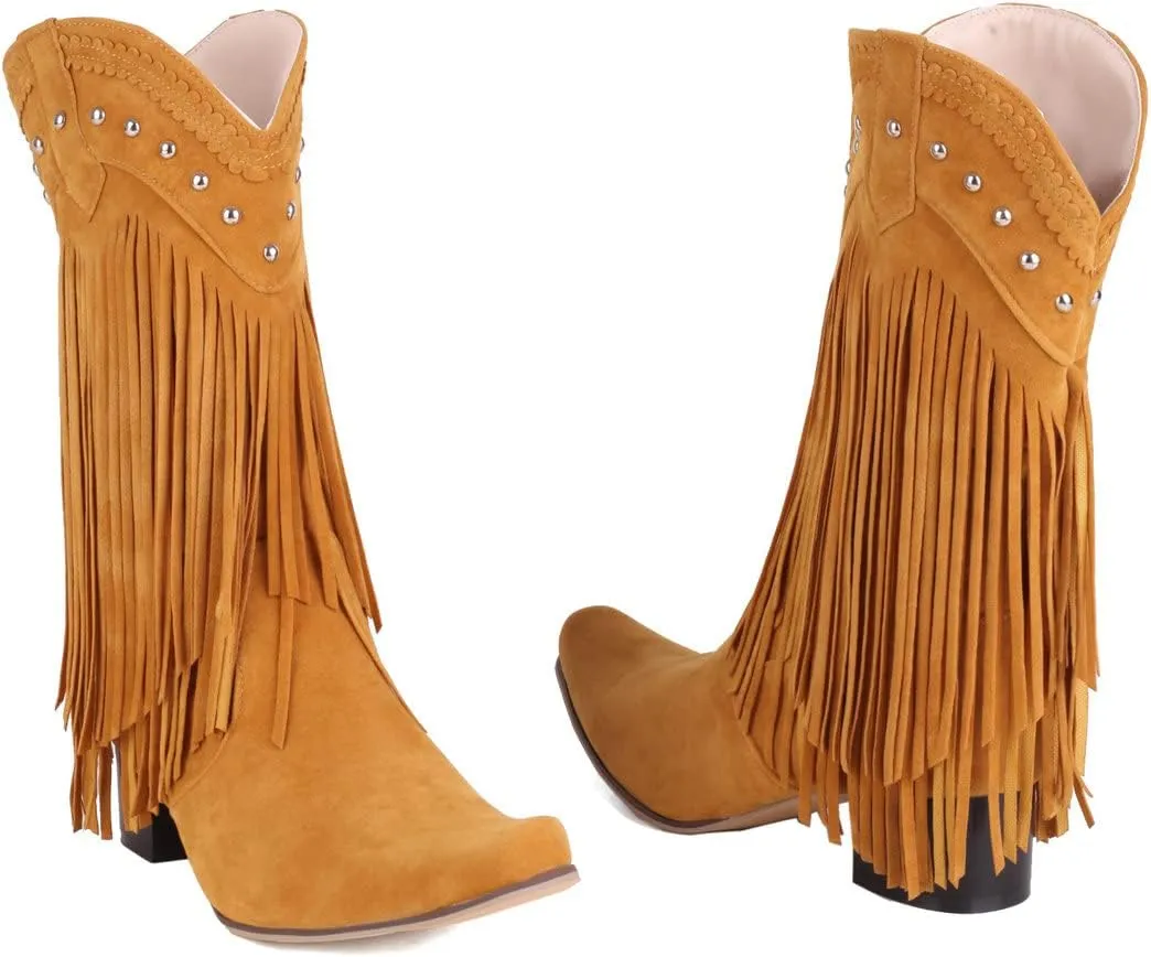 KiutSymo Mid Calf Fringe Boots For Women Cowboy Pointed Toe Chunky Heels Cowgirl Western Tassel Boots