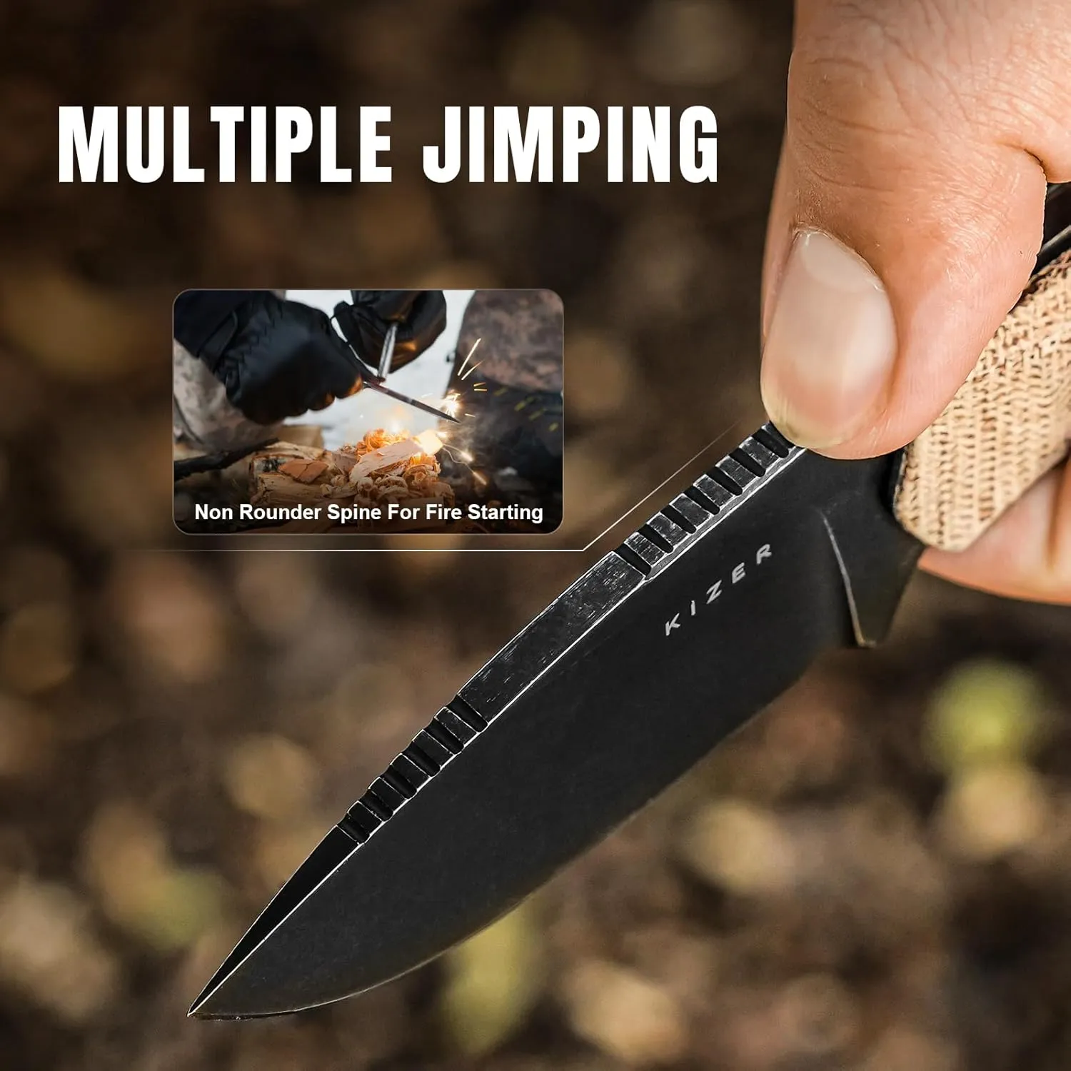 Kizer Beaver Fixed Blade Knife with Sheath, 2.75" D2 Steel Blade EDC Fixed Blade Camping Knife with Brown Micarta and Black G10 Handle, Small Bushcraft Survival Hunting Knives for Men Women, 1078M2
