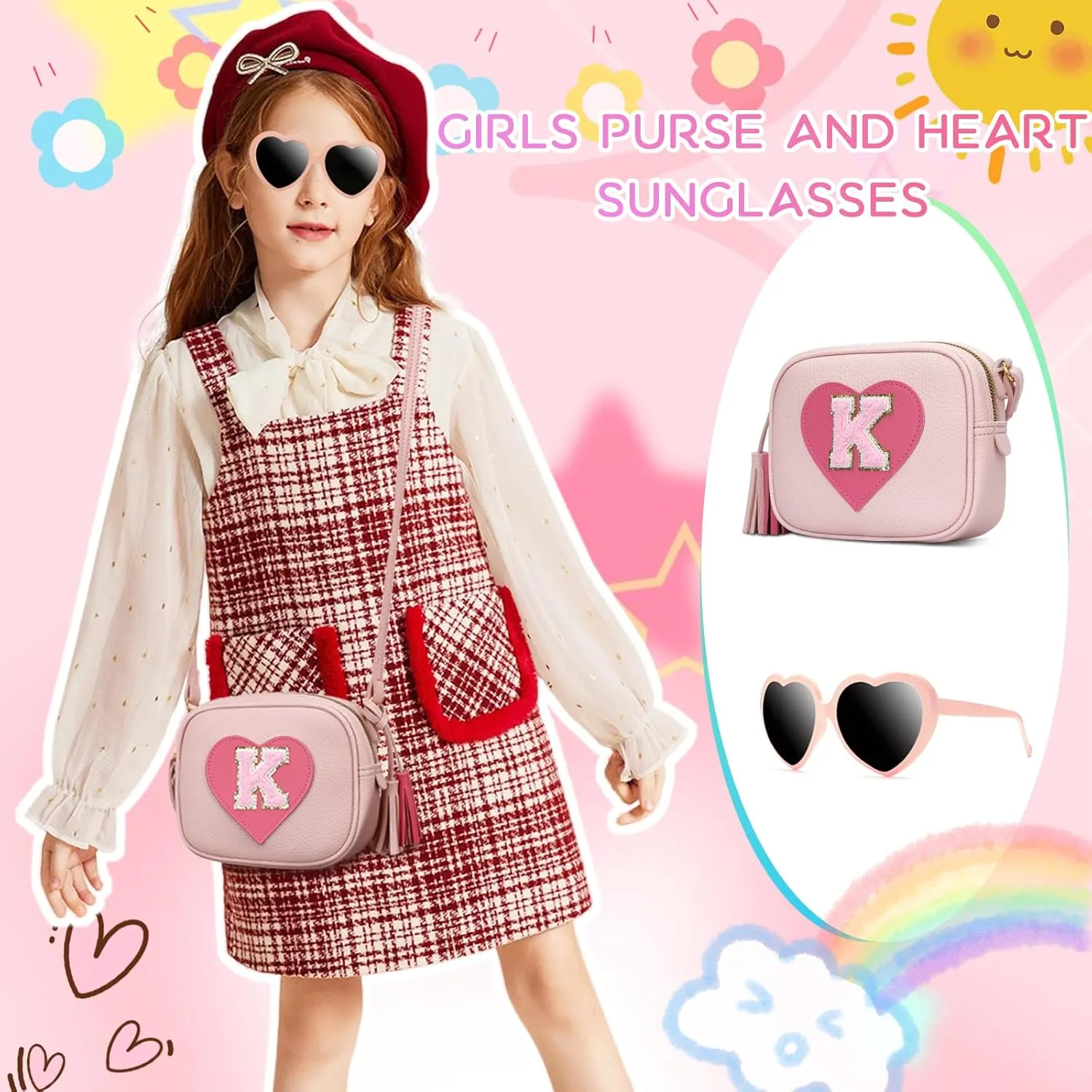 KKXIU Kids Purse Toddler Gifts for Girls and Women Vegan Leather Tassel Crossbody Bag with Sunglasses