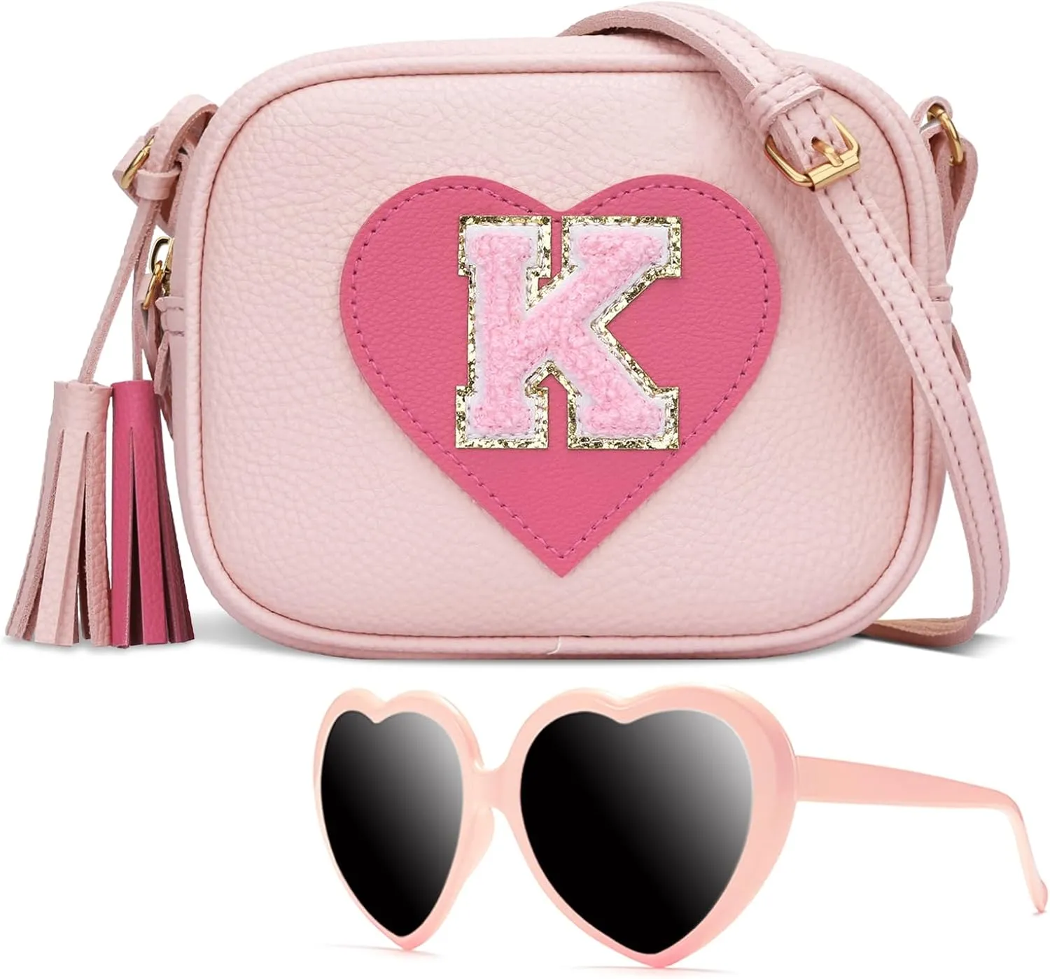 KKXIU Kids Purse Toddler Gifts for Girls and Women Vegan Leather Tassel Crossbody Bag with Sunglasses
