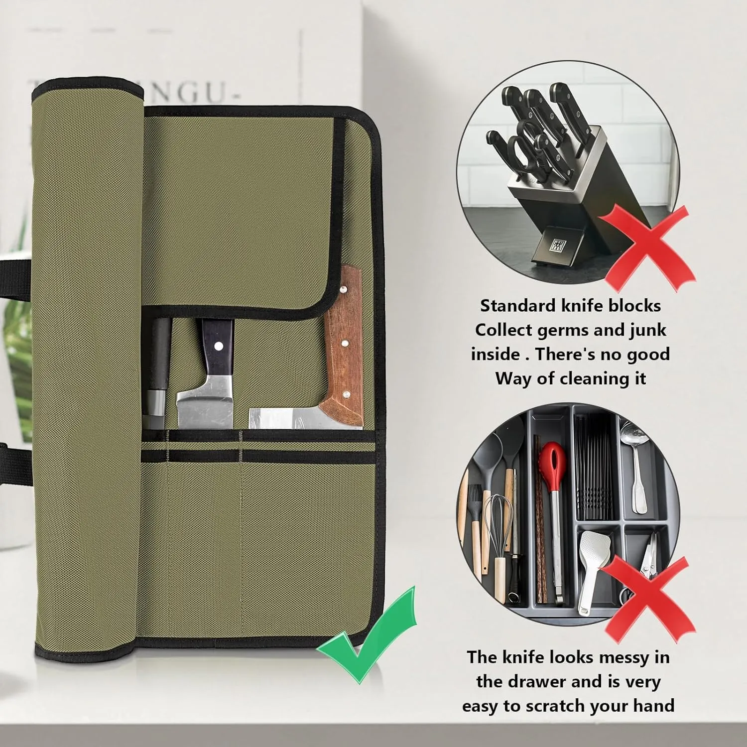 Knife Roll,Heavy Duty Knife Bag,Oxford Knife Case with 20 Slots for Knives & Kitchen Tools,Chef Knife Bag,Knife Roll Bag, Knife Pouch Wrap for Chefs Culinary Traveling (Army Green)