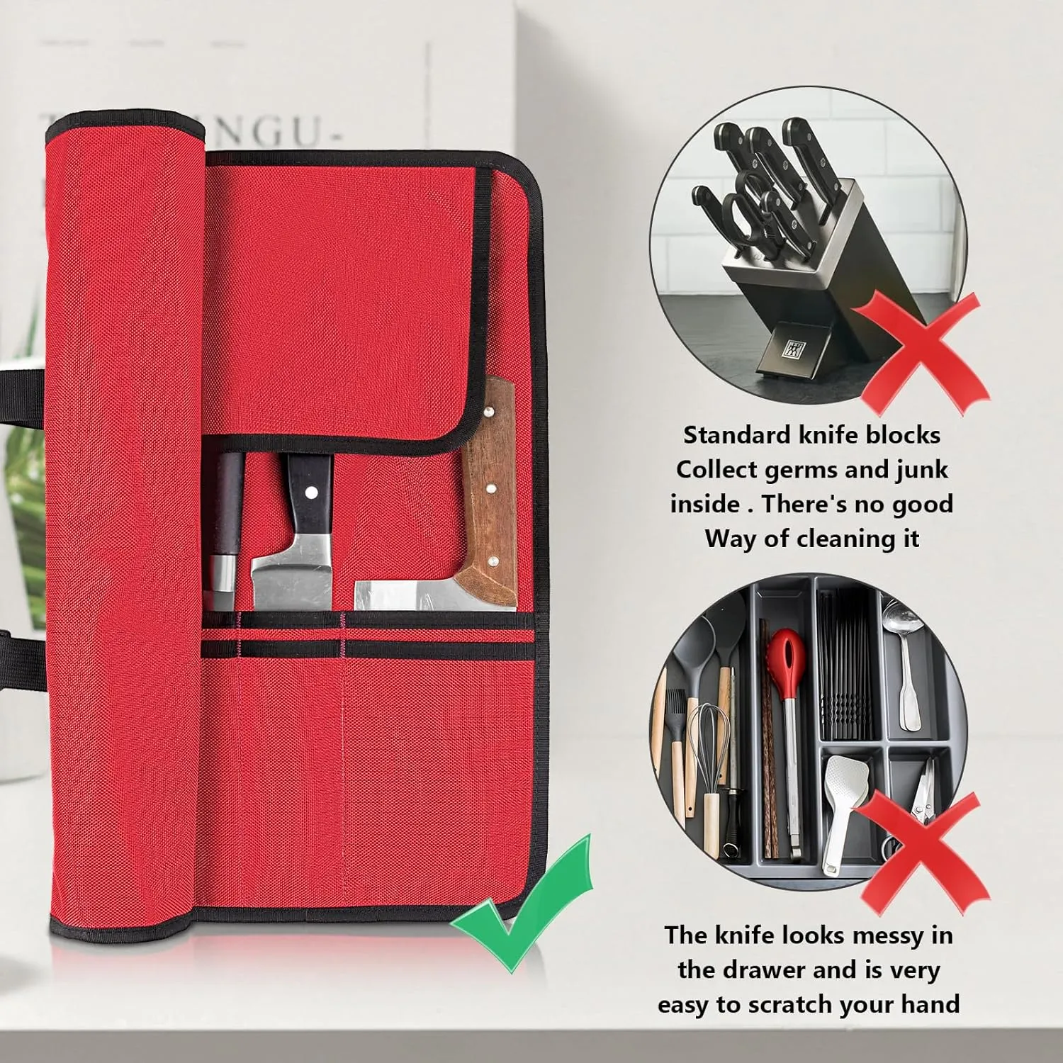 Knife Roll,Heavy Duty Knife Bag,Oxford Knife Case with 20 Slots for Knives & Kitchen Tools,Chef Knife Bag,Knife Roll Bag, Knife Pouch Wrap for Chefs Culinary Traveling (Red)