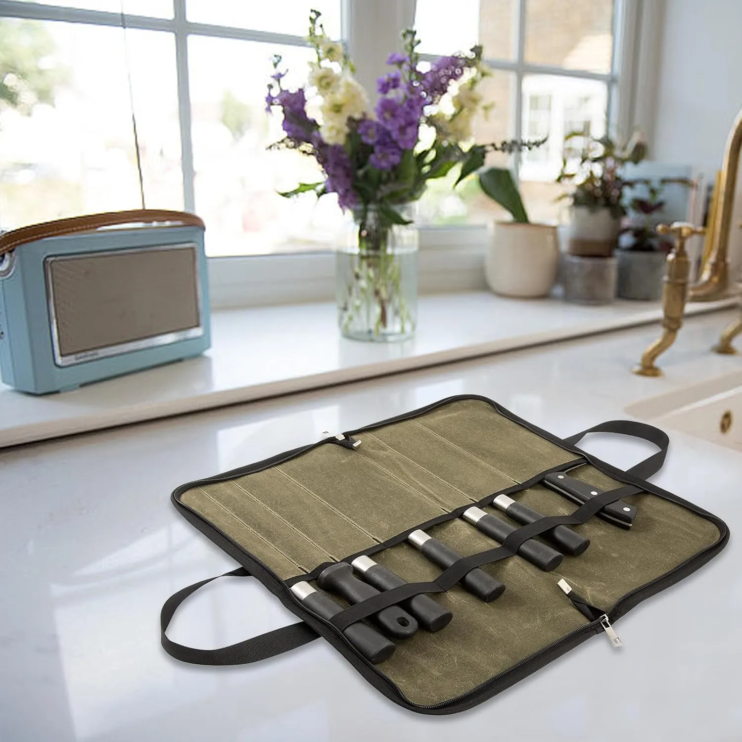 Knife Roll,Knife Bag with 7 Slots,Heavy Duty Waxed Canvas knife Case,Portable Chef Knife Roll Bag For Kitchen Cooking.Cutlery Knives Holders Protectors,Chef Knife Carrying Case For Travel & Camping