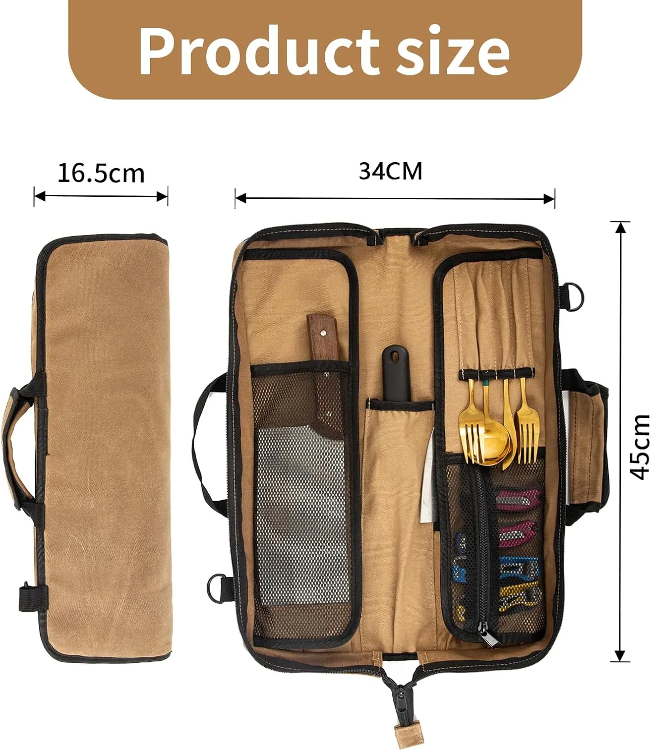Knife Roll,Waxed Canvas Knife Bag,Heavy Duty Knife Case,Chef Knife Bag Roll with 13 Slots for Knives and Kitchen Tools,Knife Roll Bag For Chefs Culinary Traveling,Knives Pouch Holder Wrap (Khaki)