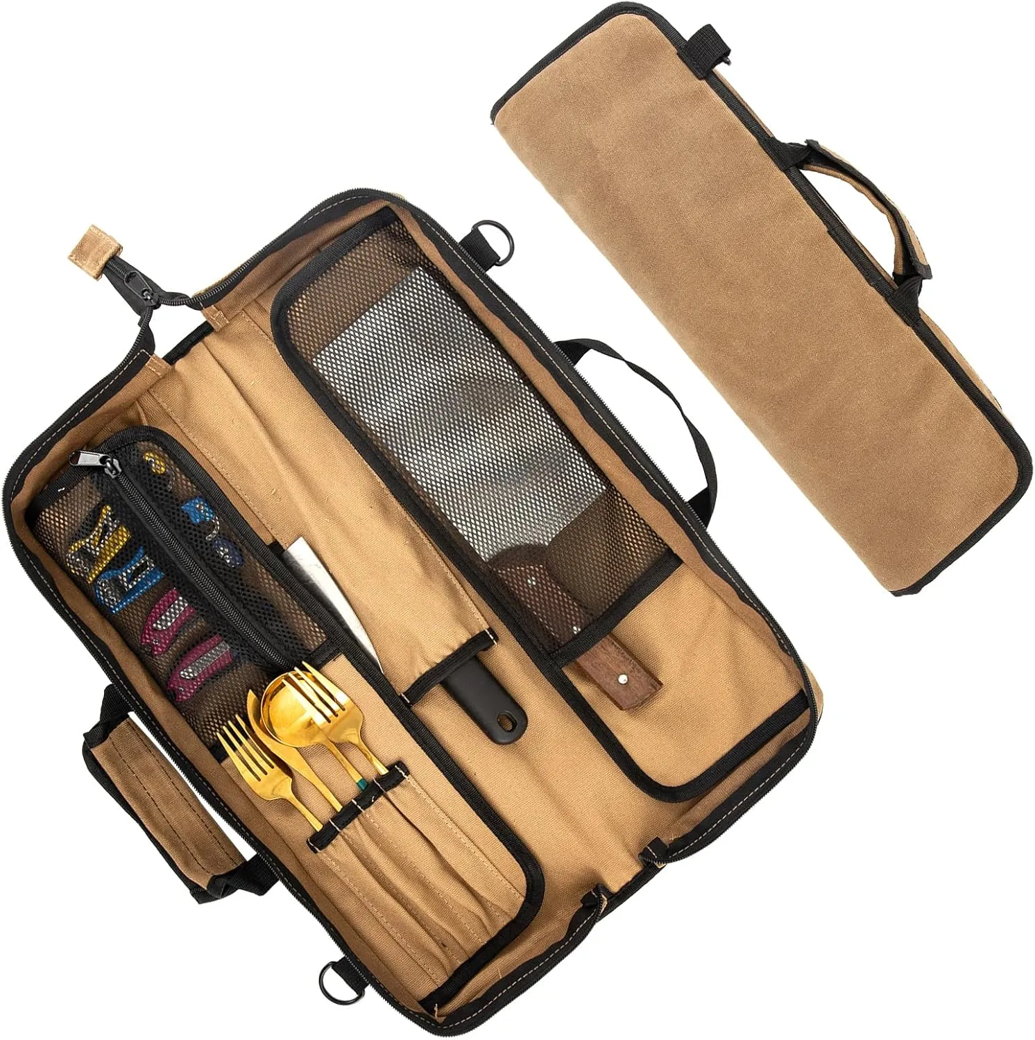 Knife Roll,Waxed Canvas Knife Bag,Heavy Duty Knife Case,Chef Knife Bag Roll with 13 Slots for Knives and Kitchen Tools,Knife Roll Bag For Chefs Culinary Traveling,Knives Pouch Holder Wrap (Khaki)