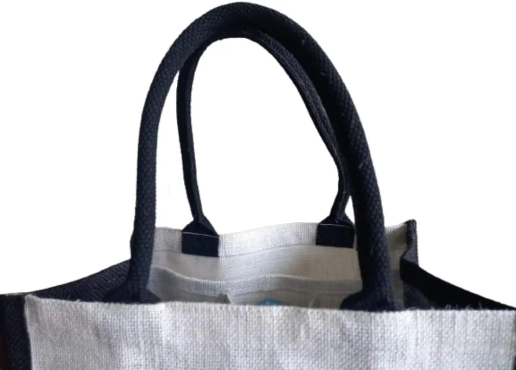 KVR Natural Jute burlap wine beer whisky vodka bottle carrier sturdy environment friendly bag with option to use as lunch bag (6 Bottle Bag, White with black Gusset)