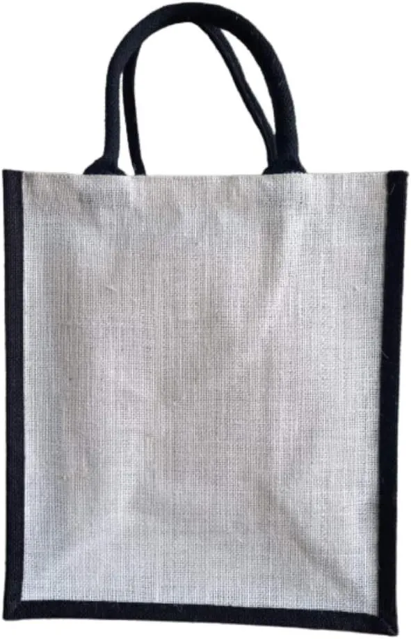 KVR Natural Jute burlap wine beer whisky vodka bottle carrier sturdy environment friendly bag with option to use as lunch bag (6 Bottle Bag, White with black Gusset)