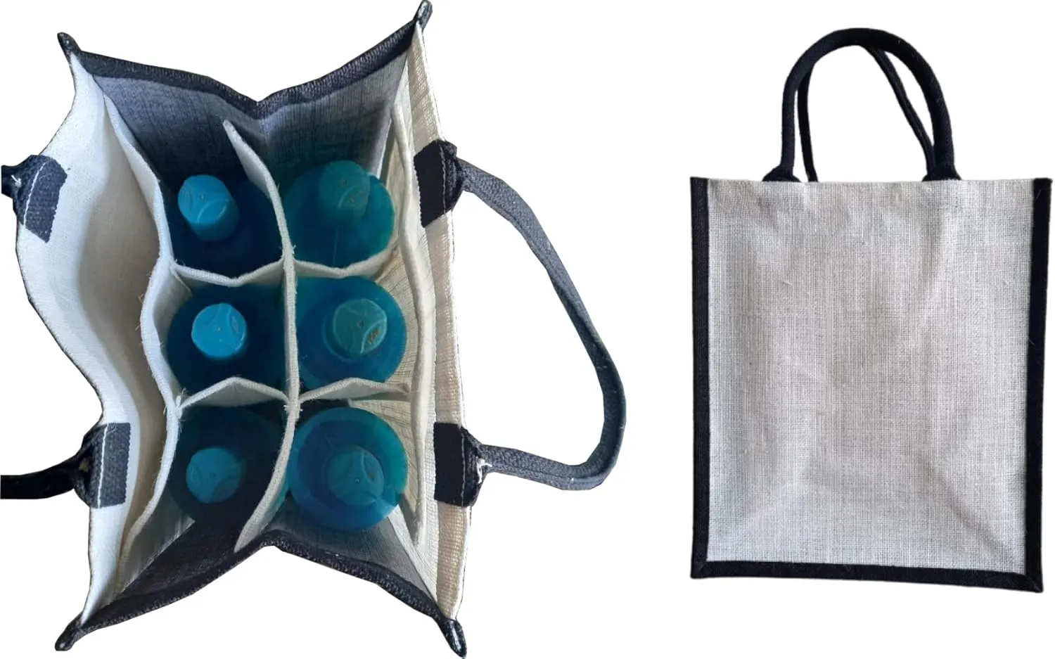 KVR Natural Jute burlap wine beer whisky vodka bottle carrier sturdy environment friendly bag with option to use as lunch bag (6 Bottle Bag, White with black Gusset)