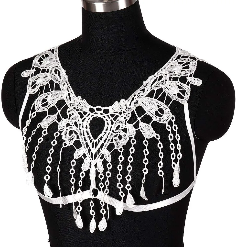 Lace Harness Body Cage Crop Top Bra Sheer Breast Bralette Tassel See Through Lingerie