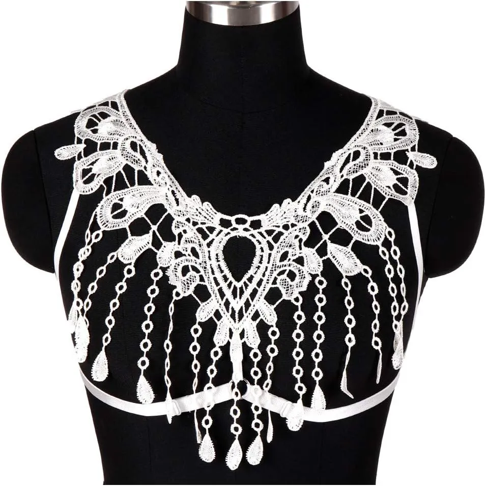 Lace Harness Body Cage Crop Top Bra Sheer Breast Bralette Tassel See Through Lingerie