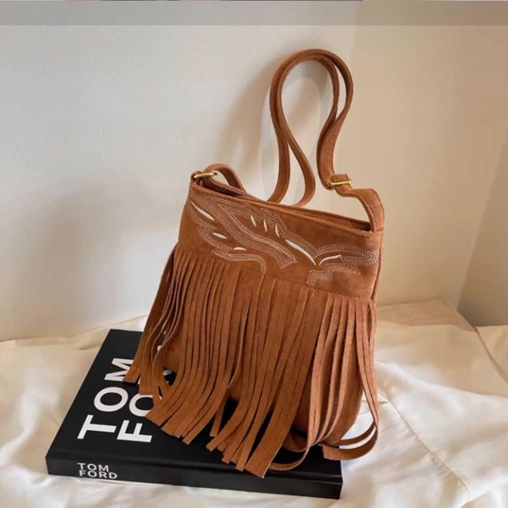 Ladies' retro embroidery bag, textured frosted tassel bag, ethnic style shoulder crossbody bag