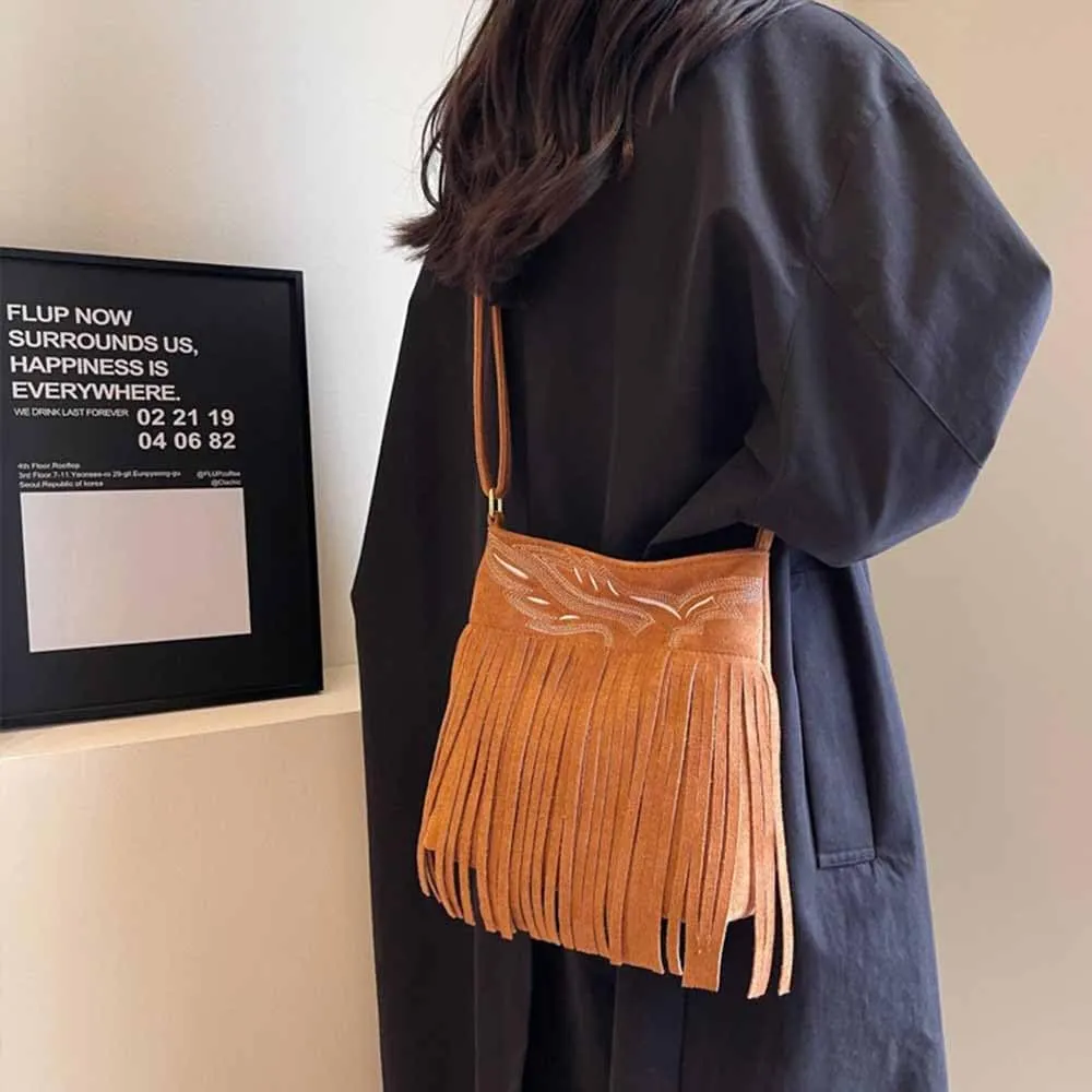 Ladies' retro embroidery bag, textured frosted tassel bag, ethnic style shoulder crossbody bag