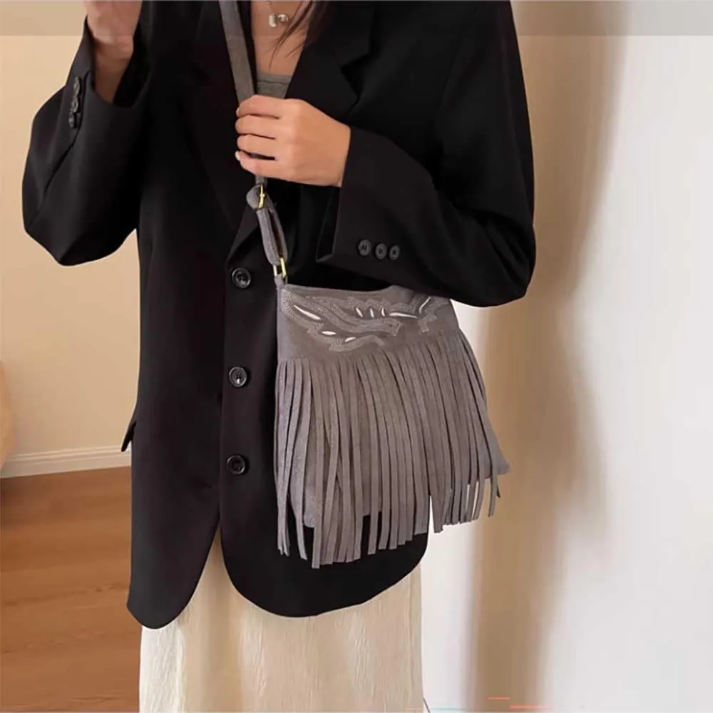Ladies' retro embroidery bag, textured frosted tassel bag, ethnic style shoulder crossbody bag