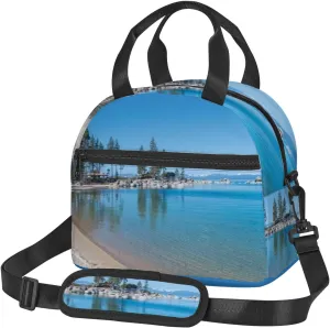 Lake,Insulated Reusable Lunch Bag with Adjustable Shoulder Strap for Adults,Beautiful Shore of The Lake Tahoe,Leakproof Office Picnic Hiking Beach Tote Bag,Blue Green,9x5x7.8in