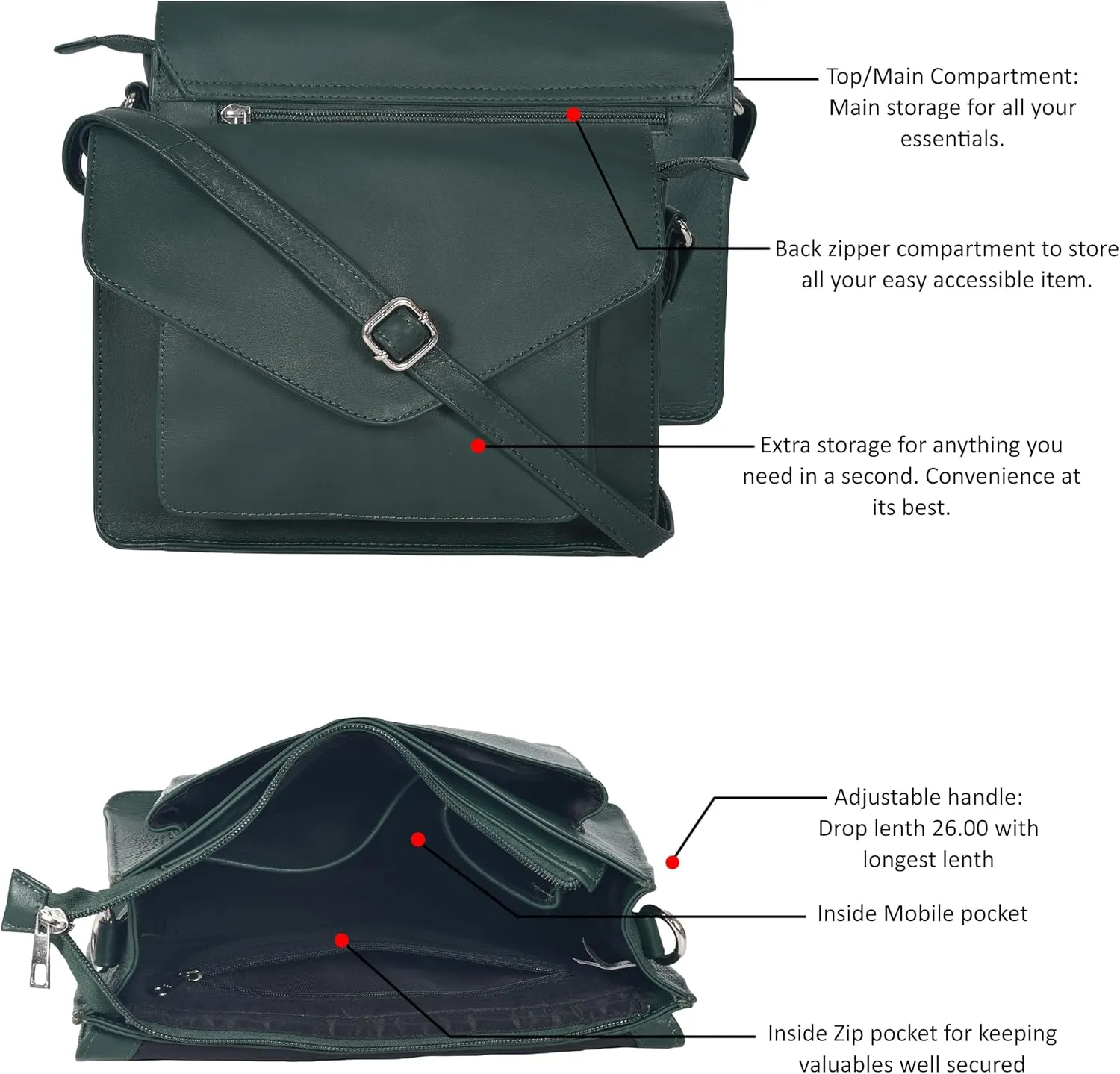 Leather Flapover Crossbody Handbag Purse for Women with Adjustable Strap & Overflap Snap Closure Tote/Bag