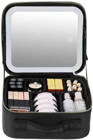 led Makeup Bag Smart LED Cosmetic Case,with Mirror Travel Cosmetic Bag PU Makeup Bags Portable Large Capacity (Color : Black, Size : 26 * 23cm)