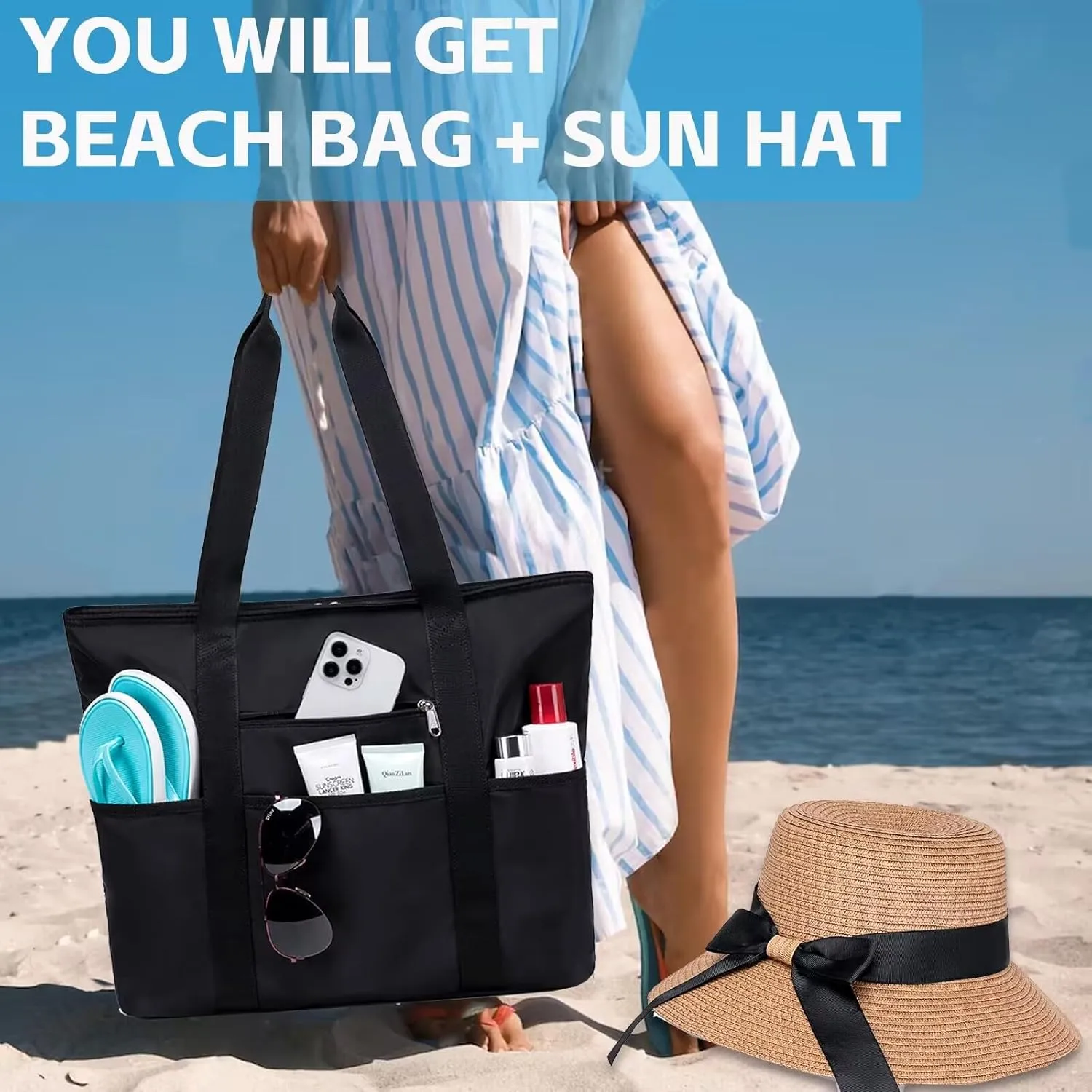 LEDAOU Beach Bags for Women, Beach Bags Waterproof Sandproof, Packable Beach Tote Bag with Zipper Travel Sports