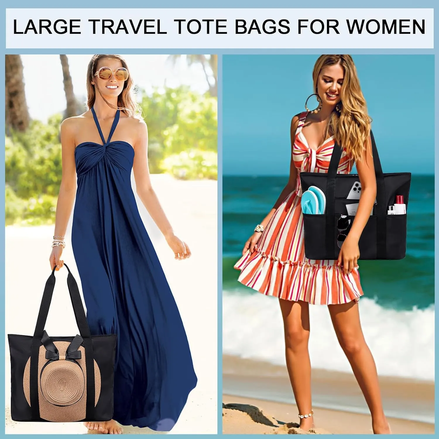 LEDAOU Beach Bags for Women, Beach Bags Waterproof Sandproof, Packable Beach Tote Bag with Zipper Travel Sports