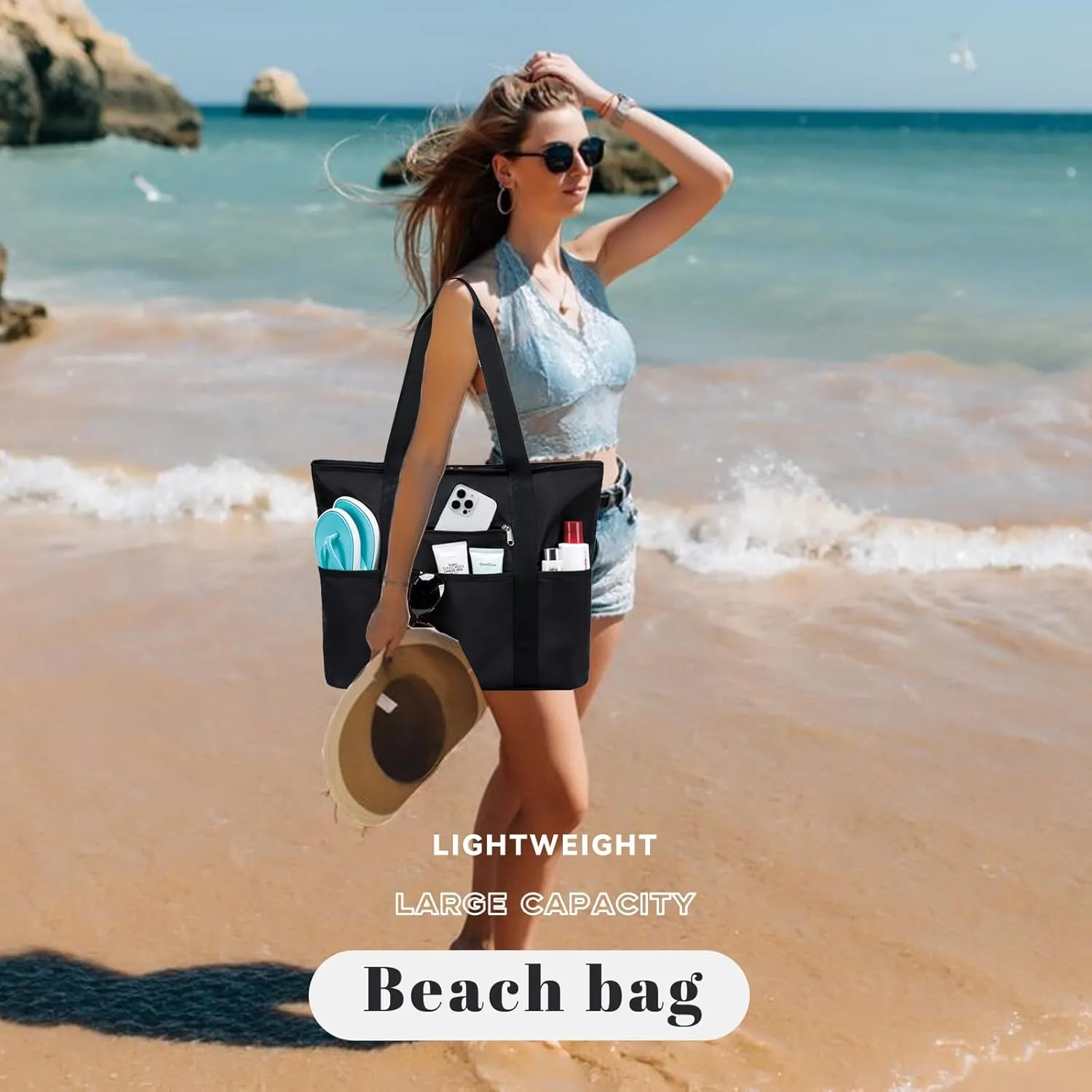 LEDAOU Beach Bags for Women, Beach Bags Waterproof Sandproof, Packable Beach Tote Bag with Zipper Travel Sports