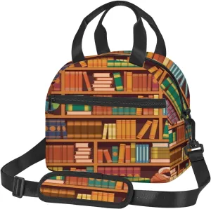 Library Themed,Insulated Reusable Lunch Bag with Adjustable Shoulder Strap for Adults,Vintage Academic Bookshelve,Leakproof Office Picnic Hiking Beach Tote Bag,Multicolor,9x5x7.8in