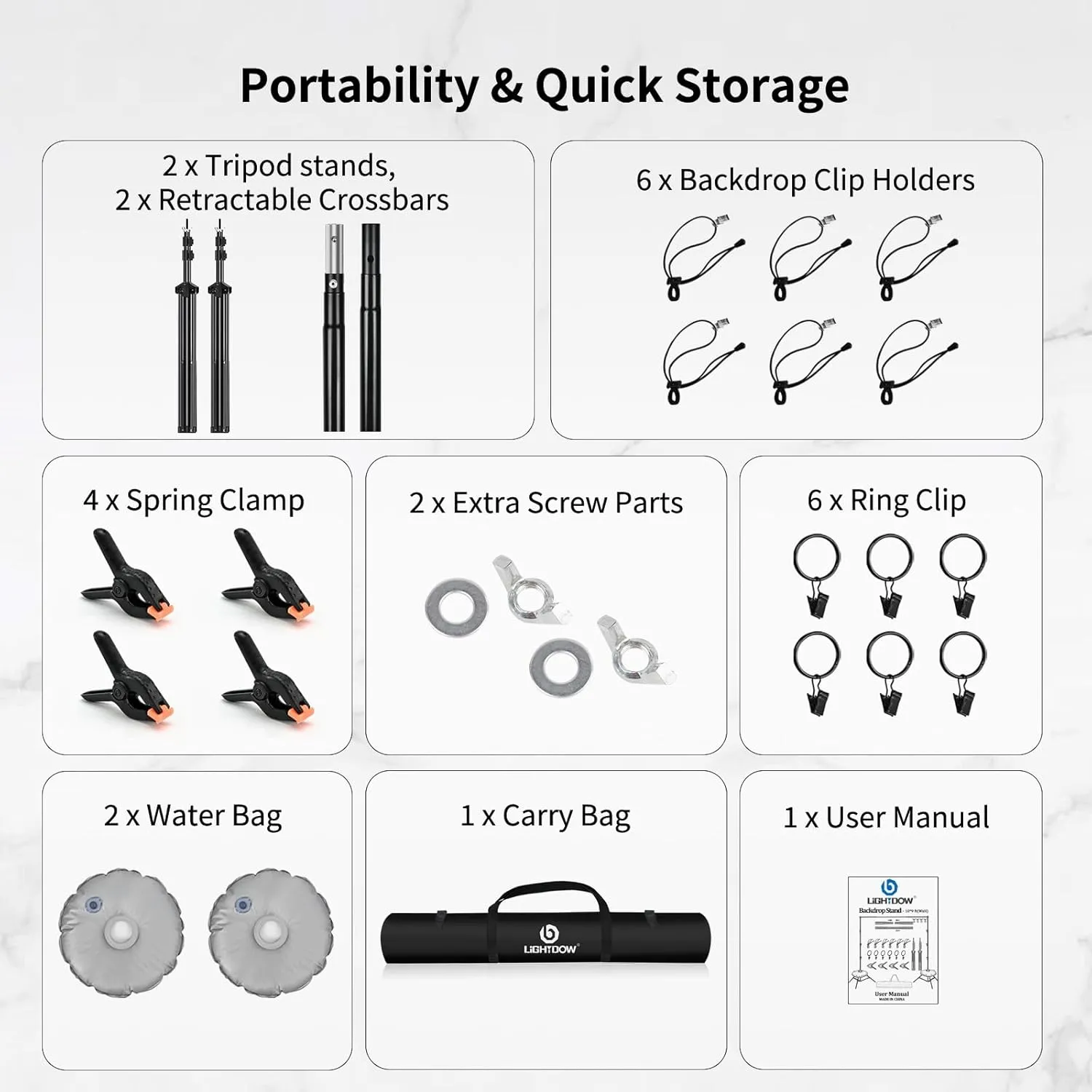 Lightdow 10x9ft Retractable Backdrop Stand Kit - Photo Studio Background Support with 2 Tripods, 6 Clips, 2 Crossbars, 4 Clamps, Water Bags, Carry Bag - Perfect for Photography, Events, Decor