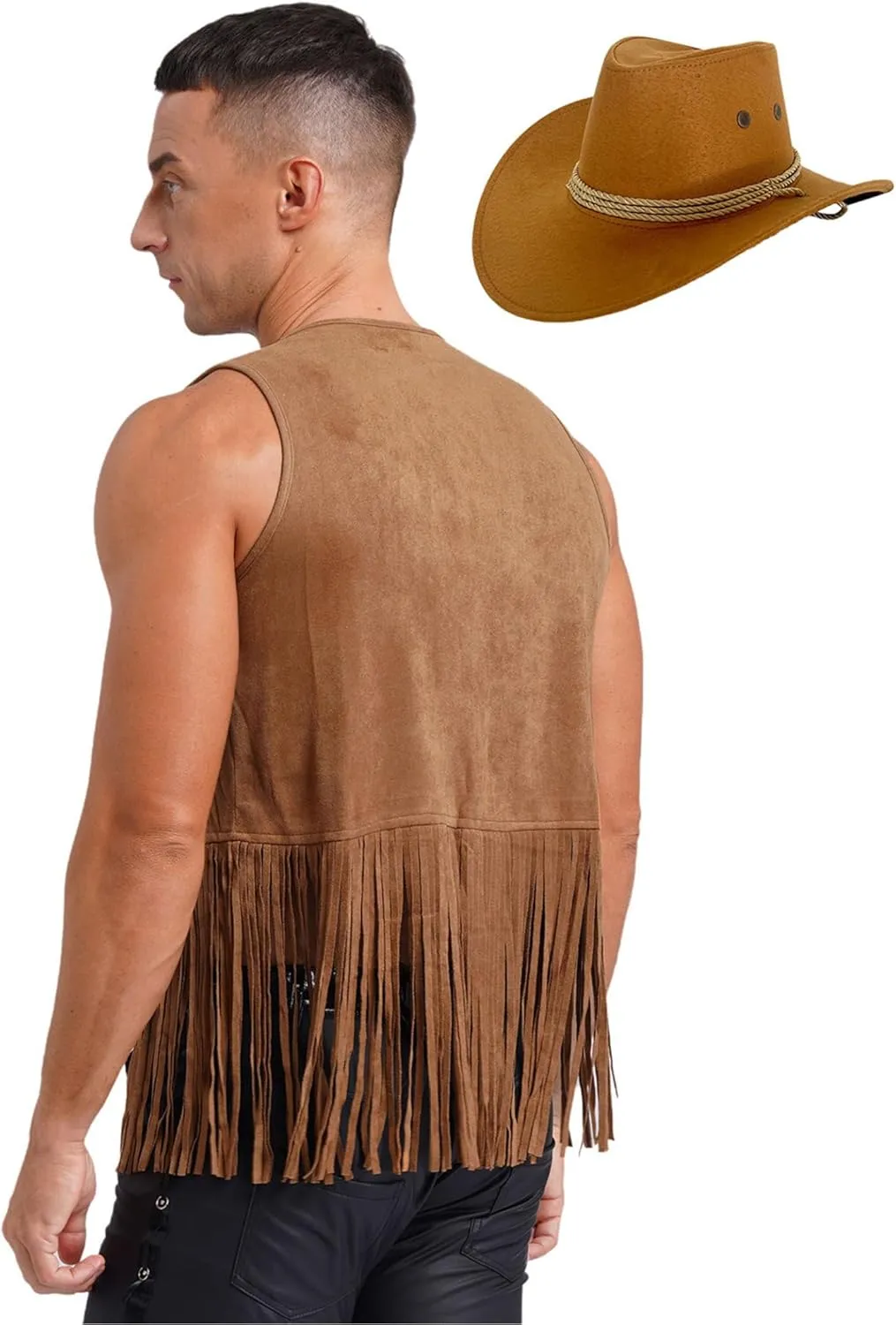Linjinx Men's Fringe Cowboy Costume Sleeveless Suede Vest Waistcoat Cosplay Outfits with Hat