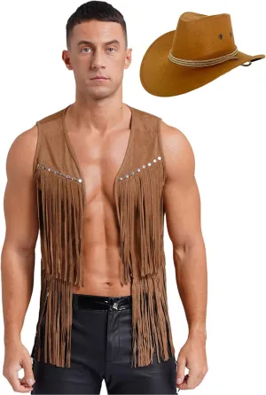 Linjinx Men's Fringe Cowboy Costume Sleeveless Suede Vest Waistcoat Cosplay Outfits with Hat