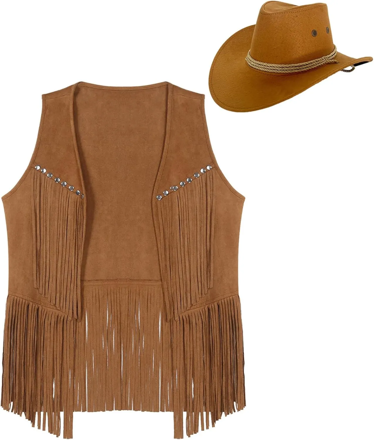 Linjinx Men's Fringe Cowboy Costume Sleeveless Suede Vest Waistcoat Cosplay Outfits with Hat