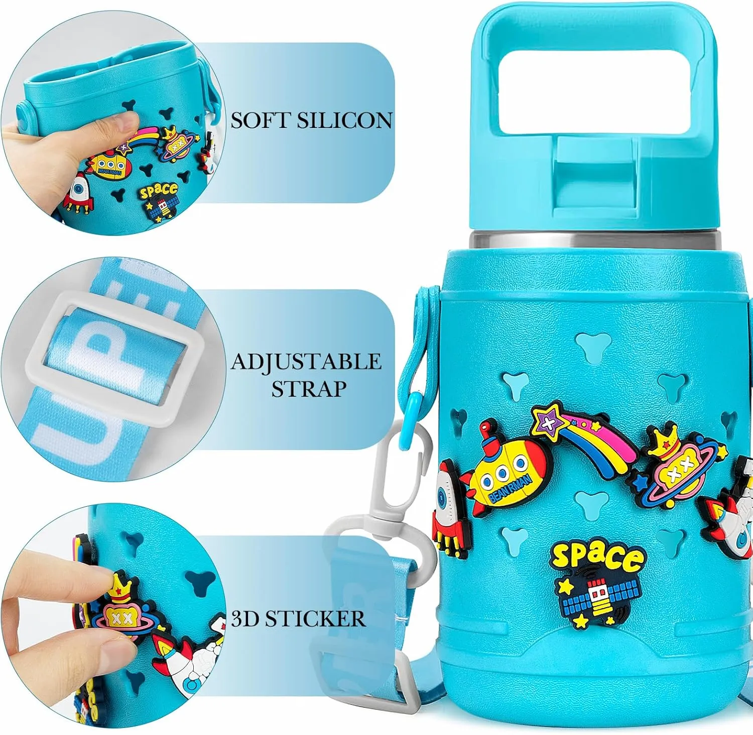 Linkidea EVA Water Bottle Carrier with Strap Compatible with YETI Rambler Jr. 12 oz, MIRA Kids 15oz, Gatorade Premium Kids Bottle 12oz, Waterbottle Sling Holder with Shoulder Strap, Blue