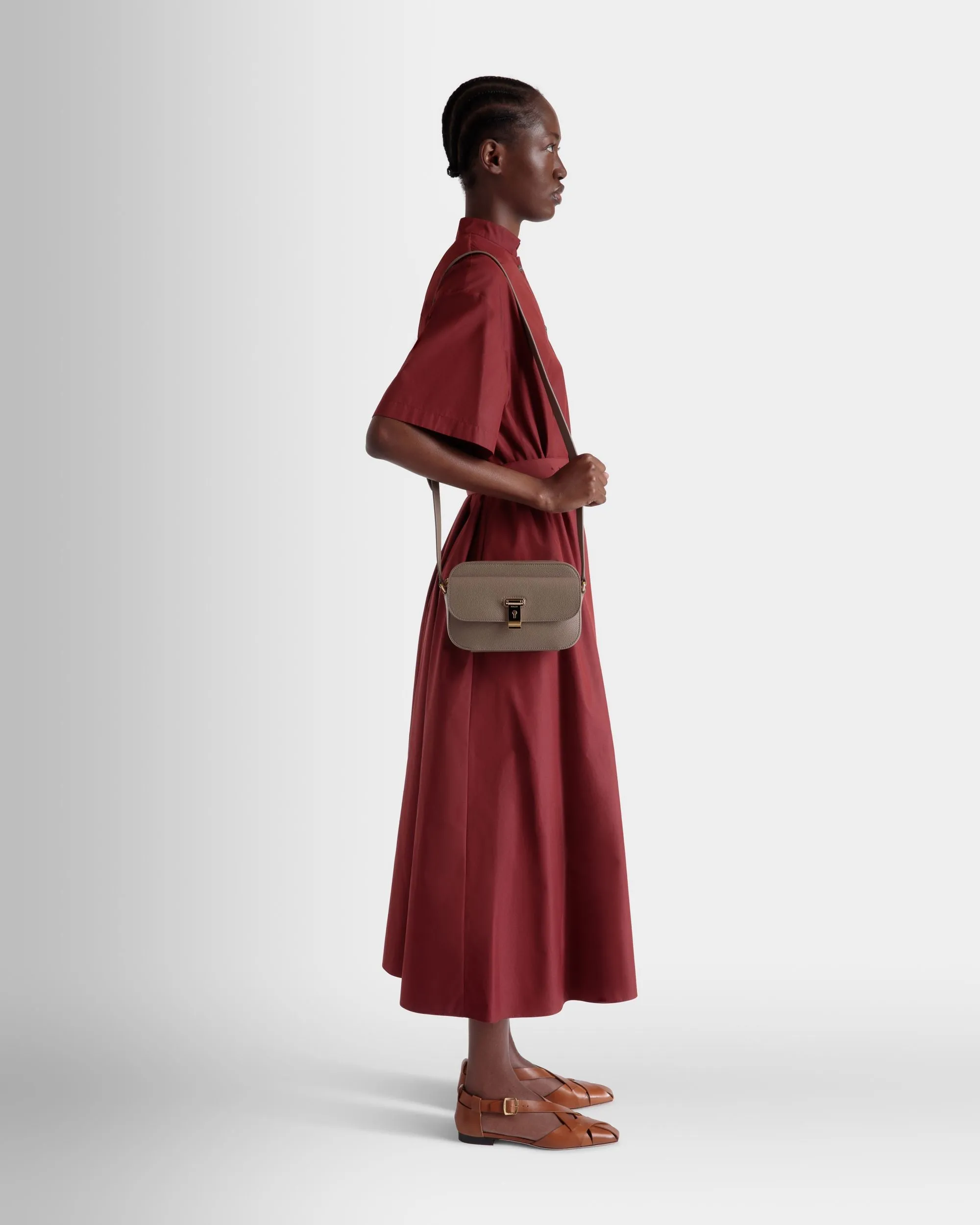 Lock Me Small Crossbody Bag in Taupe Grained Leather