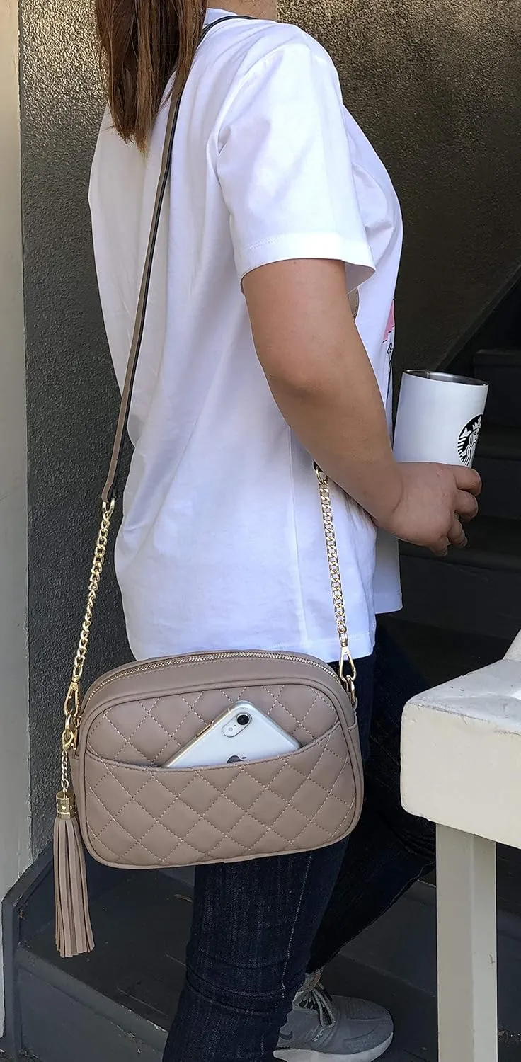 lola mae Quilted Crossbody Bag, Medium Lightweight Shoulder Purse Top Zipper Tassel Accent