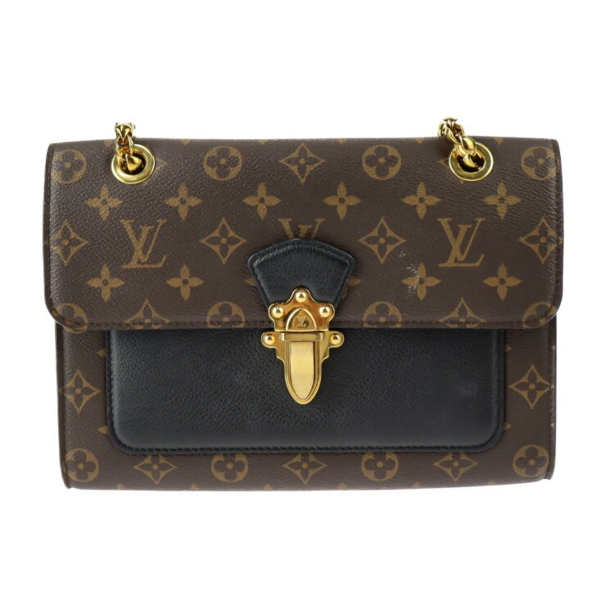 LOUIS VUITTON Victoire Shoulder Bag M41730 Monogram Canvas Calfskin Brown Black Gold Hardware Chain