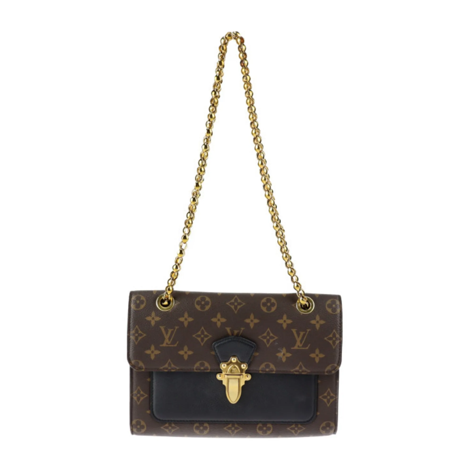 LOUIS VUITTON Victoire Shoulder Bag M41730 Monogram Canvas Calfskin Brown Black Gold Hardware Chain